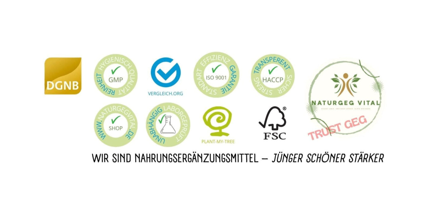 Qualitätsmerkmale und Siegel von NaturGEG Vital: Unabhängige Laborprüfung, HACCP, GMP, FSC, Plant my Tree, DGNB, SHOP TRUST GEG – für sichere, geprüfte und nachhaltige Nahrungsergänzungsmittel.